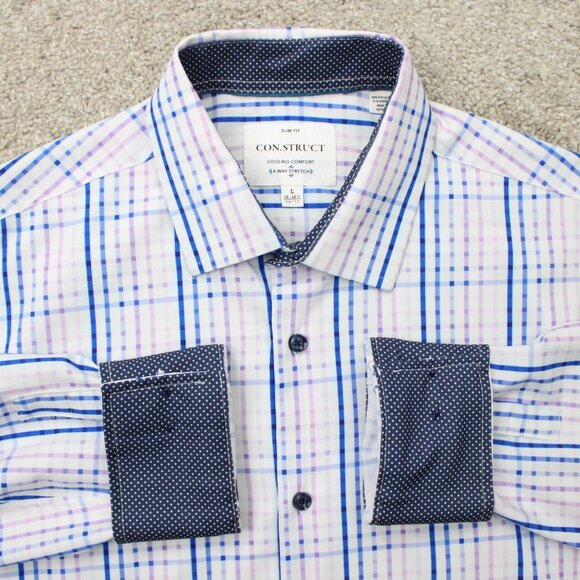 Construct Flip Cuff Shirt Mens Large Pink/Blue Slim Fit 4-Way Stretch 16-16 1/2 - Picture 1 of 12
